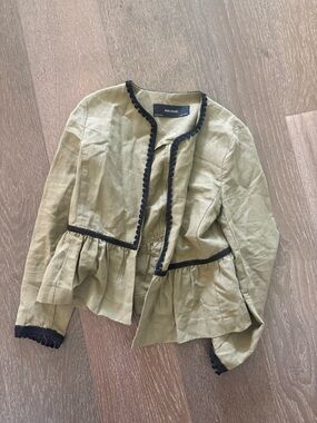 Zara Olive Green Linen Peplum Jacket with Black Trim